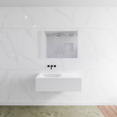 Badkamermeubelset Mondiaz LAGOM 100 cm Linkse Waskom Solid Surface Zonder Kraangaten Mat Wit (1 lade)