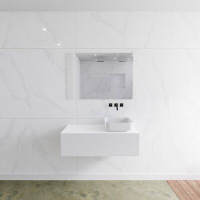 Badkamermeubelset Mondiaz LAGOM 100 cm met Topblad Rechtse Wastafel Solid Surface Opzetkom Binx Zonder Kraangaten Mat Wit (1 lade)
