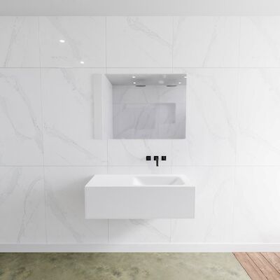 Badkamermeubelset Mondiaz LAGOM 100 cm Rechtse Waskom Solid Surface Zonder Kraangaten Mat Wit (1 lade)