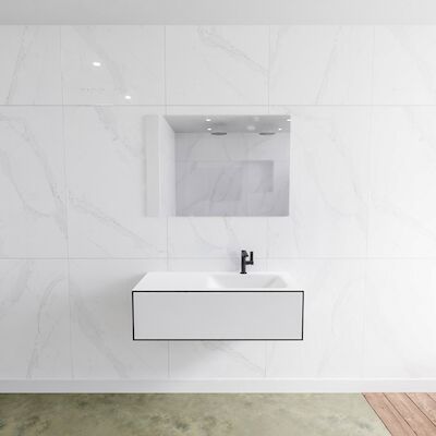 Badkamermeubelset Mondiaz LAGOM 100 cm Rechtse Wastafel Solid Surface Met 1 Kraangat Mat Wit (1 lade)