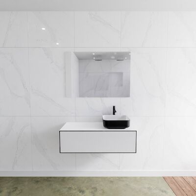 Badkamermeubelset Mondiaz LAGOM 100 cm Topblad met Rechtse Wastafel Solid Surface Opzetkom Binx met 1 Kraangat Mat Zwart (1 lade)