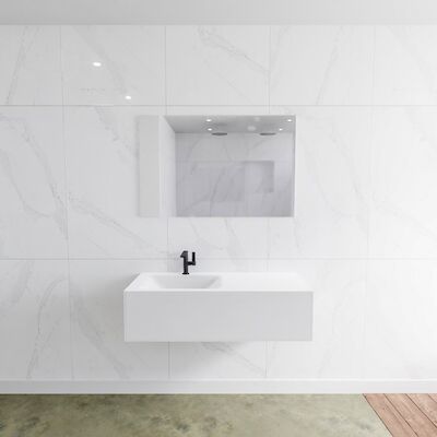 Badkamermeubelset Mondiaz LAGOM 110 cm Linkse Waskom Solid Surface Met 1 Kraangat Mat Wit (1 lade)