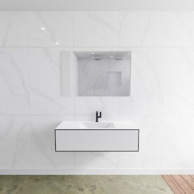 Badkamermeubelset Mondiaz LAGOM 110 cm met Gecentreerde Wastafel Solid Surface Met 1 Kraangat Mat Wit (1 lade)