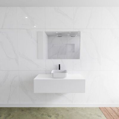 Badkamermeubelset Mondiaz LAGOM 110 cm met Topblad Gecentreerde Wastafel Solid Surface Opzetkom Binx Met 1 Kraangat Mat Wit (1 lade)