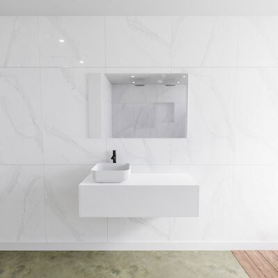 Badkamermeubelset Mondiaz LAGOM 110 cm met Topblad Linkse Wastafel Solid Surface Opzetkom Binx Met 1 Kraangat Mat Wit (1 lade)