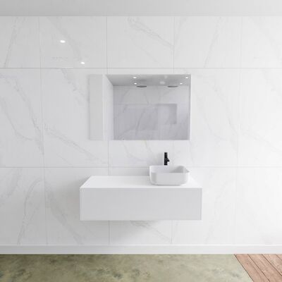Badkamermeubelset Mondiaz LAGOM 110 cm met Topblad Rechtse Wastafel Solid Surface Opzetkom Binx Met 1 Kraangat Mat Wit (1 lade)