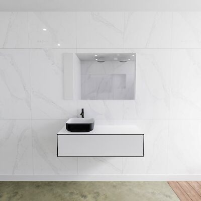 Badkamermeubelset Mondiaz LAGOM 110 cm Topblad met Linkse Wastafel Solid Surface Opzetkom Binx met 1 Kraangat Mat Zwart (1 lade)