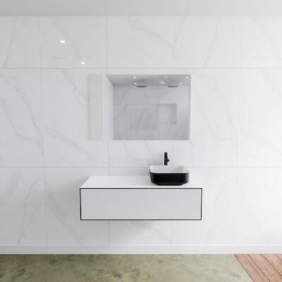 Badkamermeubelset Mondiaz LAGOM 110 cm Topblad met Rechtse Wastafel Solid Surface Opzetkom Binx met 1 Kraangat Mat Zwart (1 laden)