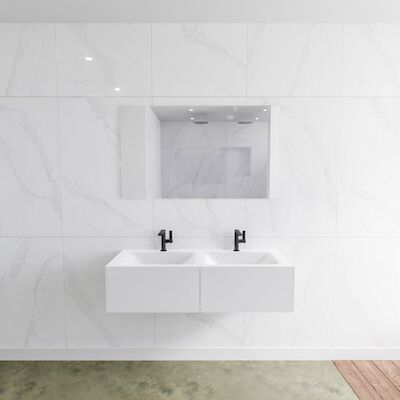 Badkamermeubelset Mondiaz LAGOM 120 cm Dubbele Waskom Solid Surface Met 2 Kraangaten Mat Wit (2 laden)