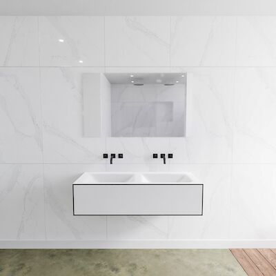 Badkamermeubelset Mondiaz LAGOM 120 cm Dubbele Wastafel Solid Surface Zonder Kraangaten Mat Wit (1 lade)