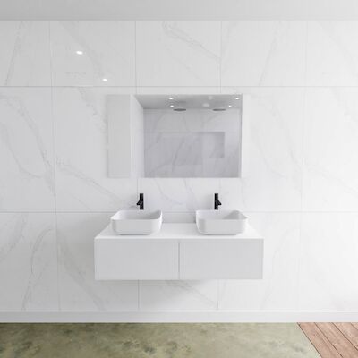 Badkamermeubelset Mondiaz LAGOM 120 cm met Topblad Dubbele Wastafel Solid Surface Opzetkom Binx Met 2 Kraangaten Mat Wit (2 laden)
