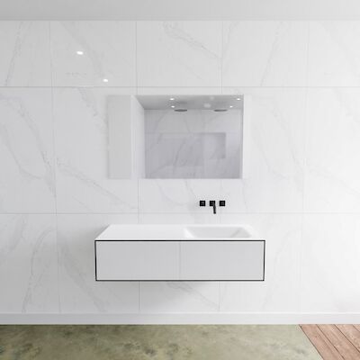 Badkamermeubelset Mondiaz LAGOM 120 cm Rechtse Wastafel Solid Surface Zonder Kraangaten Mat Wit (2 laden)