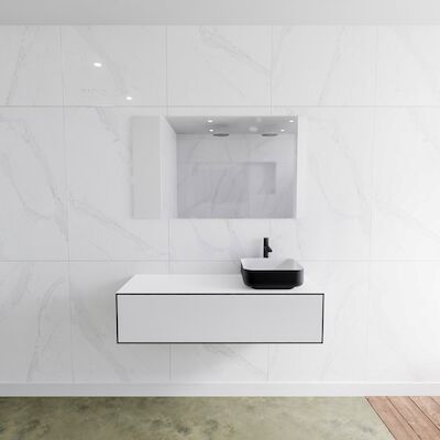 Badkamermeubelset Mondiaz LAGOM 120 cm Topblad met Rechtse Wastafel Solid Surface Opzetkom Binx met 1 Kraangaten Mat Zwart (2 laden)