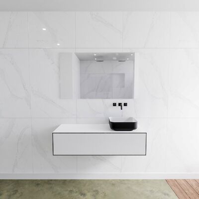 Badkamermeubelset Mondiaz LAGOM 120 cm Topblad met Rechtse Wastafel Solid Surface Opzetkom Binx Zonder Kraangaten Mat Zwart (1 lade)