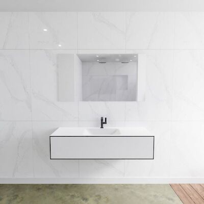 Badkamermeubelset Mondiaz LAGOM 130 cm met Gecentreerde Wastafel Solid Surface Met 1 Kraangat Mat Wit (1 lade)