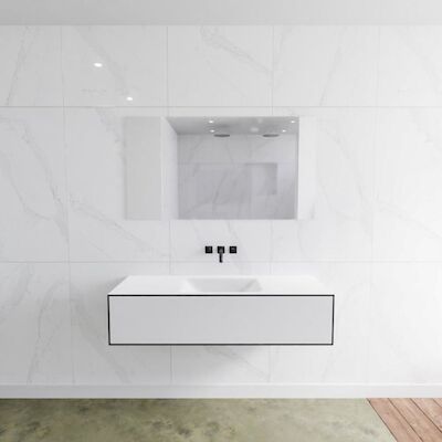Badkamermeubelset Mondiaz LAGOM 130 cm met Gecentreerde Wastafel Solid Surface Zonder Kraangaten Mat Wit (1 lade)