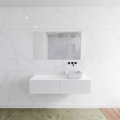 Badkamermeubelset Mondiaz LAGOM 130 cm met Topblad Rechtse Wastafel Solid Surface Opzetkom Binx Zonder Kraangaten Mat Wit (2 laden)