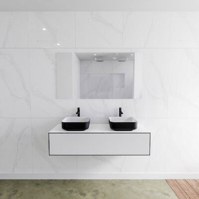 Badkamermeubelset Mondiaz LAGOM 130 cm Topblad met Dubbele Wastafel Solid Surface Opzetkom Binx Met 2 Kraangaten Mat Zwart (1 lade)