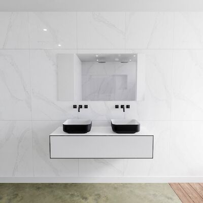 Badkamermeubelset Mondiaz LAGOM 130 cm Topblad met Dubbele Wastafel Solid Surface Opzetkom Binx Zonder Kraangaten Mat Zwart (1 lade)