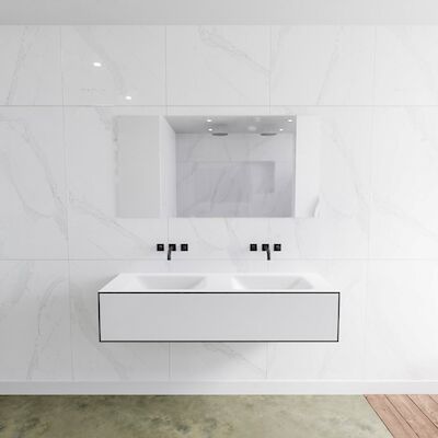 Badkamermeubelset Mondiaz LAGOM 140 cm Dubbele Wastafel Solid Surface Zonder Kraangaten Mat Wit (1 lade)