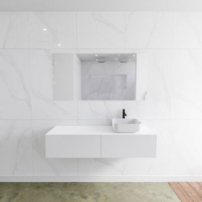Badkamermeubelset Mondiaz LAGOM 140 cm met Topblad Rechtse Wastafel Solid Surface Opzetkom Binx Met 1 Kraangaten Mat Wit (2 laden)