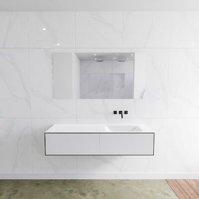 Badkamermeubelset Mondiaz LAGOM 140 cm Rechtse Wastafel Solid Surface Zonder Kraangaten Mat Wit (2 laden)
