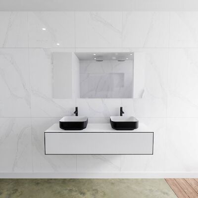 Badkamermeubelset Mondiaz LAGOM 140 cm Topblad met Dubbele Wastafel Solid Surface Opzetkom Binx met 2 Kraangaten Mat Zwart (1 lade)