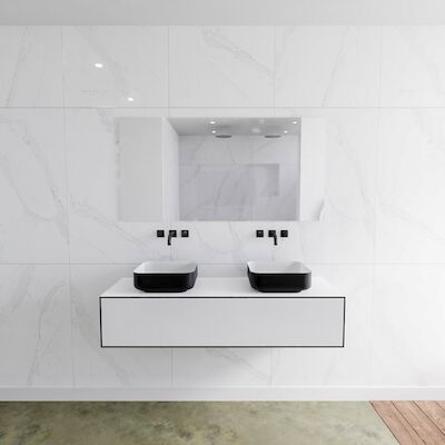 Badkamermeubelset Mondiaz LAGOM 140 cm Topblad met Dubbele Wastafel Solid Surface Opzetkom Binx Zonder Kraangaten Mat Zwart (1 lade)