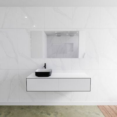 Badkamermeubelset Mondiaz LAGOM 140 cm Topblad met Linkse Wastafel Solid Surface Opzetkom Binx met 1 Kraangat Mat Zwart (2 laden)