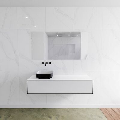 Badkamermeubelset Mondiaz LAGOM 140 cm Topblad met Linkse Wastafel Solid Surface Opzetkom Binx Zonder Kraangaten Mat Zwart (1 lade)