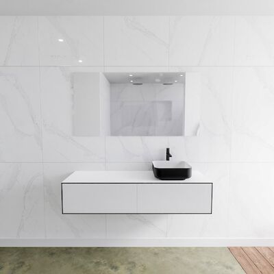 Badkamermeubelset Mondiaz LAGOM 140 cm Topblad met Rechtse Wastafel Solid Surface Opzetkom Binx met 1 Kraangat Mat Zwart (2 laden)