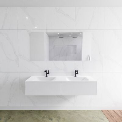 Badkamermeubelset Mondiaz LAGOM 150 cm Dubbele Waskom Solid Surface Met 2 Kraangaten Mat Wit (2 laden)