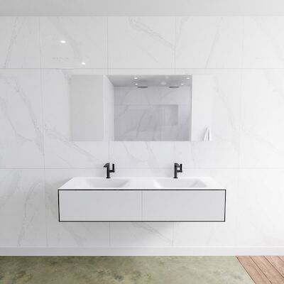 Badkamermeubelset Mondiaz LAGOM 150 cm Dubbele Wastafel Solid Surface Met 2 Kraangaten Mat Wit (2 laden)