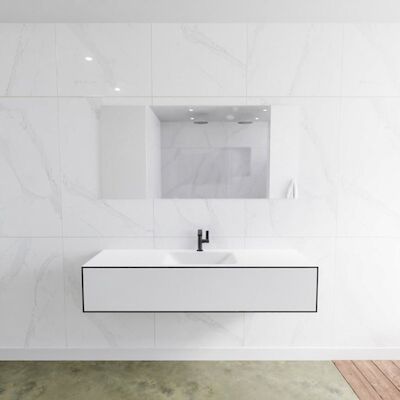 Badkamermeubelset Mondiaz LAGOM 150 cm met Gecentreerde Wastafel Solid Surface Met 1 Kraangat Mat Wit (1 lade)