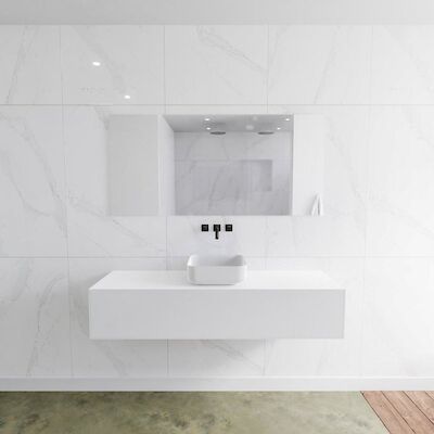Badkamermeubelset Mondiaz LAGOM 150 cm met Topblad Gecentreerde Wastafel Solid Surface Opzetkom Binx Zonder Kraangaten Mat Wit (1 lade)