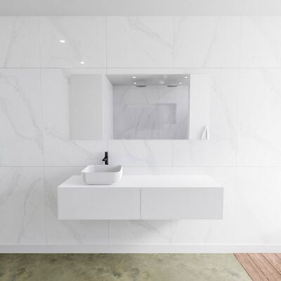 Badkamermeubelset Mondiaz LAGOM 150 cm met Topblad Linkse Wastafel Solid Surface Opzetkom Binx Met 1 Kraangat Mat Wit (2 laden)