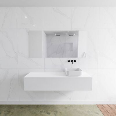 Badkamermeubelset Mondiaz LAGOM 150 cm met Topblad Rechtse Wastafel Solid Surface Opzetkom Binx Zonder Kraangaten Mat Wit (1 lade)