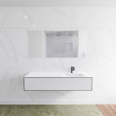 Badkamermeubelset Mondiaz LAGOM 150 cm Rechtse Wastafel Solid Surface met 1 Kraangat Mat Wit (1 lade)