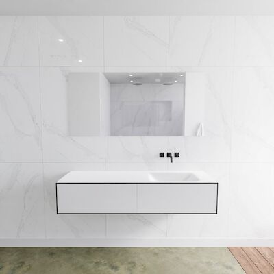 Badkamermeubelset Mondiaz LAGOM 150 cm Rechtse Wastafel Solid Surface Zonder Kraangaten Mat Wit (2 laden)