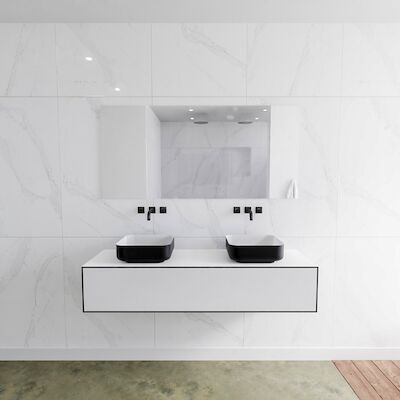 Badkamermeubelset Mondiaz LAGOM 150 cm Topblad met Dubbele Wastafel Solid Surface Opzetkom Binx Zonder Kraangaten Mat Zwart (1 lade)