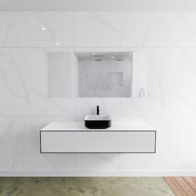 Badkamermeubelset Mondiaz LAGOM 150 cm Topblad met Gecentreerde Wastafel Solid Surface Opzetkom Binx met 1 Kraangat Mat Zwart (1 lade)