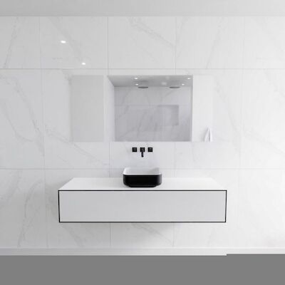 Badkamermeubelset Mondiaz LAGOM 150 cm Topblad met Gecentreerde Wastafel Solid Surface Opzetkom Binx Zonder Kraangaten Mat Zwart (1 lade)