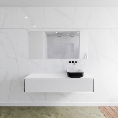 Badkamermeubelset Mondiaz LAGOM 150 cm Topblad met Rechtse Wastafel Solid Surface Opzetkom Binx Zonder Kraangaten Mat Zwart (2 laden)
