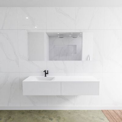 Badkamermeubelset Mondiaz LAGOM 160 cm Linkse Waskom Solid Surface Met 1 Kraangat Mat Wit (2 laden)