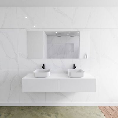 Badkamermeubelset Mondiaz LAGOM 160 cm met Topblad Dubbele Wastafel Solid Surface Opzetkom Binx Met 2 Kraangaten Mat Wit (2 laden)