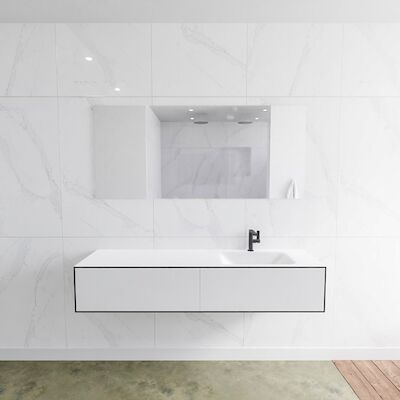 Badkamermeubelset Mondiaz LAGOM 160 cm Rechtse Wastafel Solid Surface met 1 Kraangat Mat Wit (2 laden)