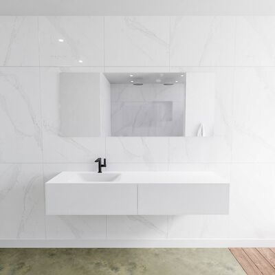 Badkamermeubelset Mondiaz LAGOM 170 cm Linkse Waskom Solid Surface Met 1 Kraangat Mat Wit (2 laden)
