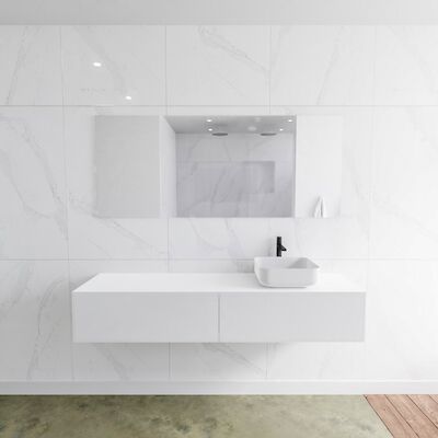Badkamermeubelset Mondiaz LAGOM 170 cm met Topblad Rechtse Wastafel Solid Surface Opzetkom Binx Met 1 Kraangat Mat Wit (2 laden)