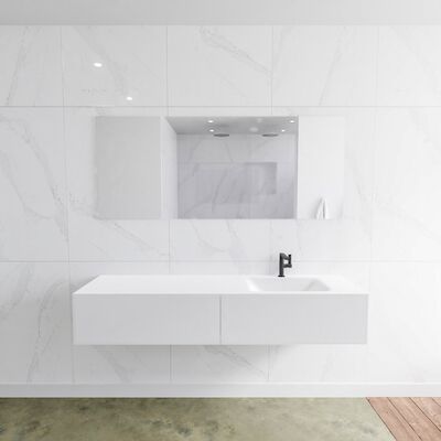 Badkamermeubelset Mondiaz LAGOM 170 cm Rechtse Waskom Solid Surface Met 1 Kraangat Mat Wit (2 laden)