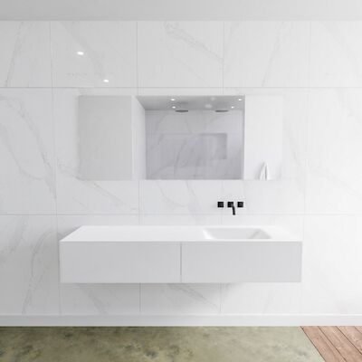Badkamermeubelset Mondiaz LAGOM 170 cm Rechtse Waskom Solid Surface Zonder Kraangaten Mat Wit (2 laden)
